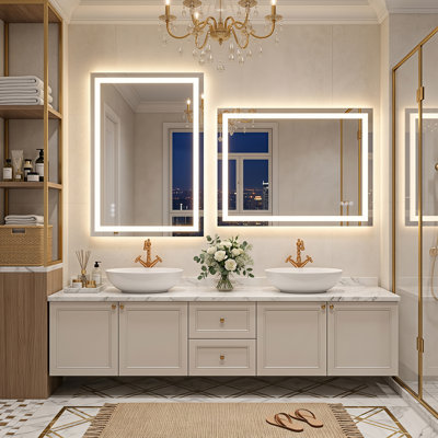 LED Rectangular Bathroom Mirror, Adjustable Light, Anti-fog Glass