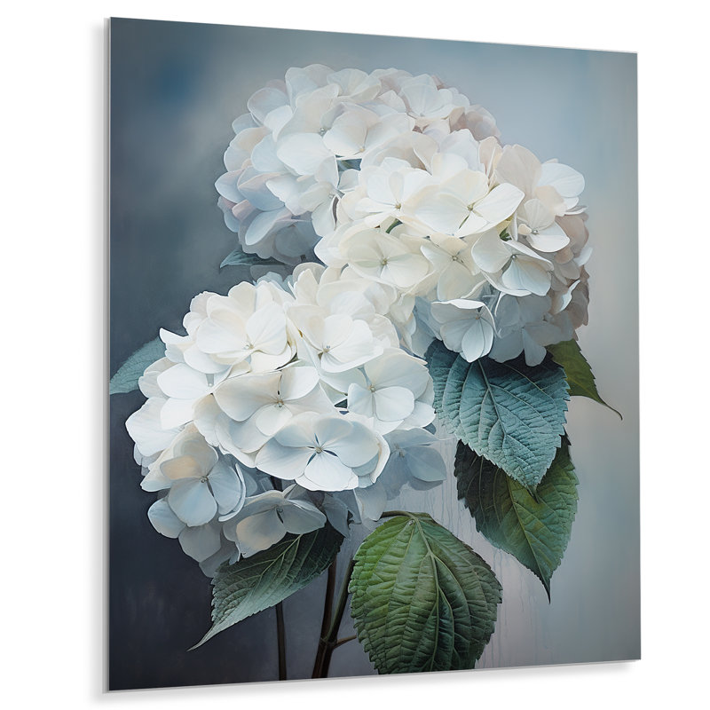 «White Hortensia Whispering Hues», impression d'art floral en métal, H 32 po x l 16 po