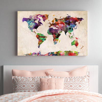 Urban Watercolor World Map by Michael Tompsett - Photograph on Canvas