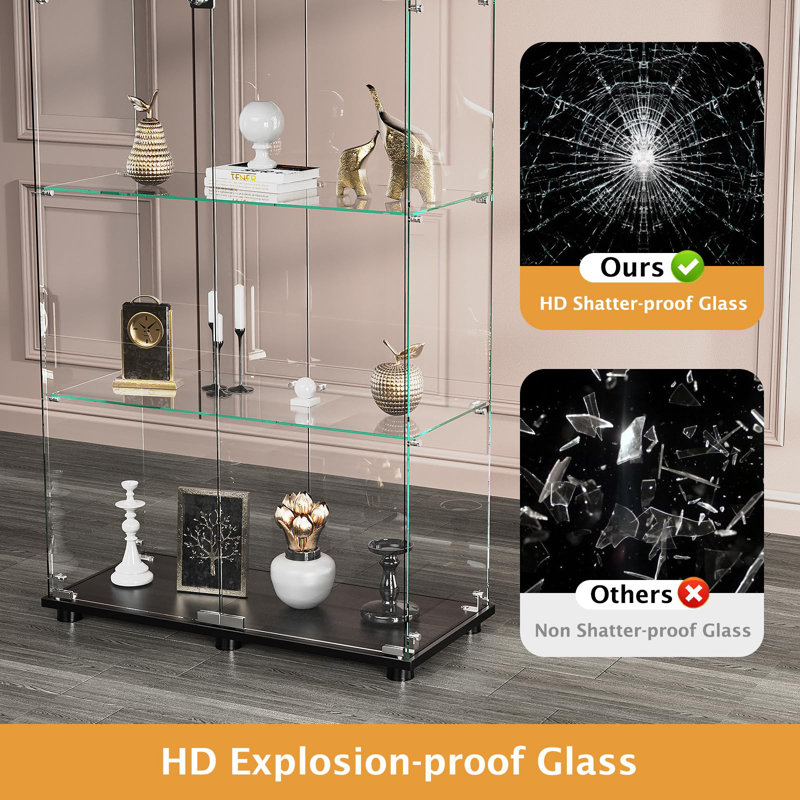 Rodrigez Glass Display Cabinet, Curio Cabinet, Bookcase with 3 Shelf Double Door, Black