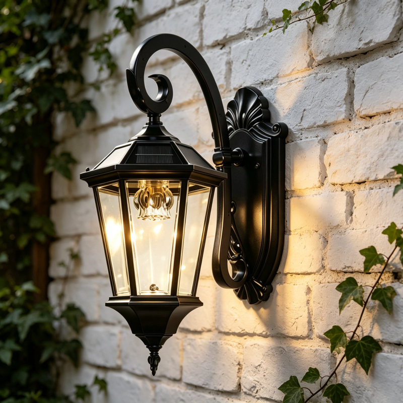 Lanterne murale solaire pour l'extérieur, verre transparent et aluminium noir Glb