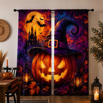 Lot de 2 rideaux d'Halloween avec chapeau de sorcière et citrouille, scène effrayante avec chauves-souris, château, lune et lanternes. Des rideaux à motifs artistiques filtrant la lumière pour la décoration du salon, de la chambre à coucher, de la cuisine et de la salle de bain.