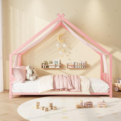 Lit Montessori en métal pour enfant (taille 1 place) avec structure en forme de maisonnette, barrières de sécurité et 4 pieds antidérapants