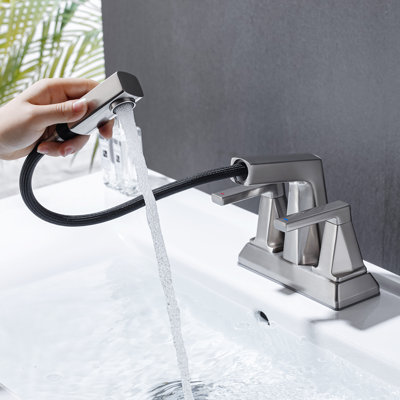 Brushed Nickel 2-Handle Centerset Bathroom Faucet With Pull-Out Sprayer