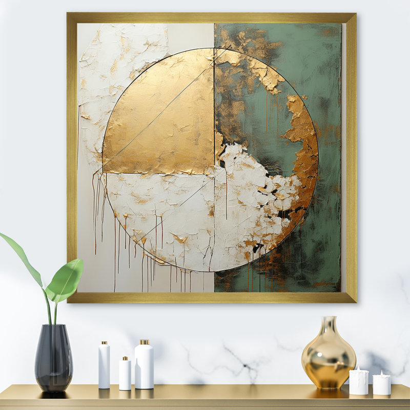 Peinture dorée et verte Fusion I - art mural abstrait pour salon, Cadre doré simple, H 30 po x l 30 po x P 1 po