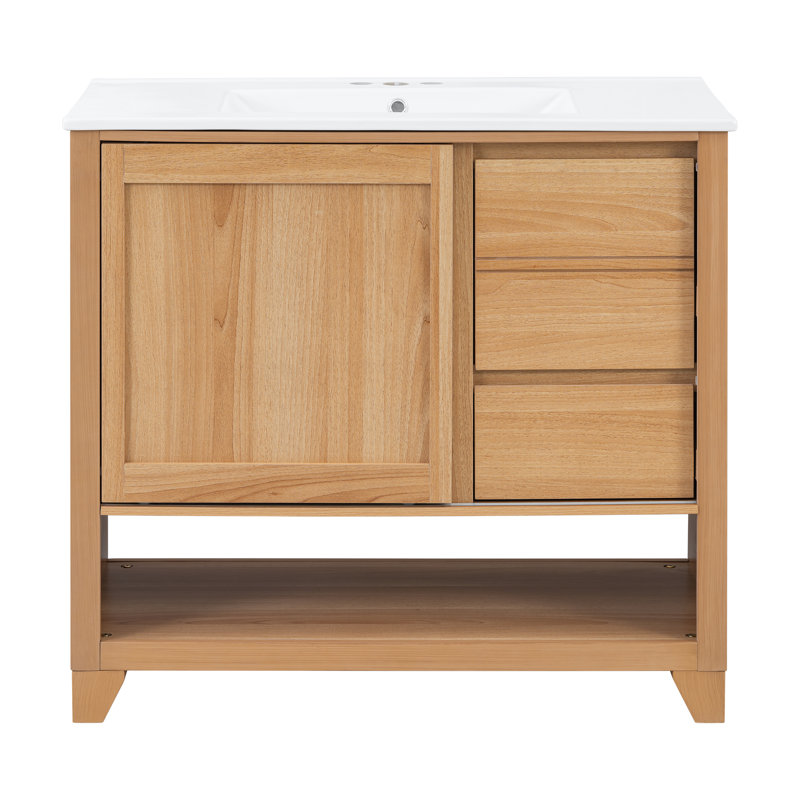 Zoren 36" Wide Modern Wood Bathroom Vanity with Ceramic Sink, Drawers, Sliding Cabinet Door & Open Shelf for Bathroom