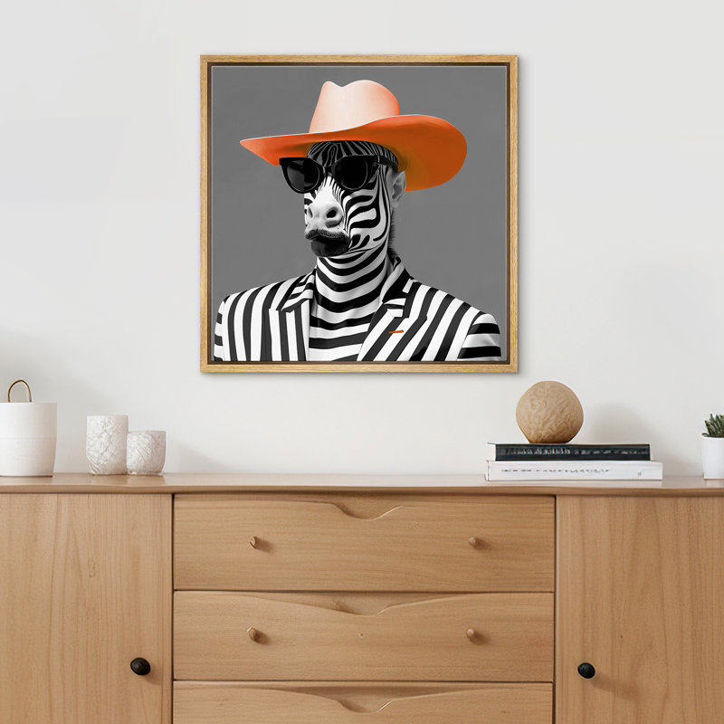 Elegance Fashion Zebra Pattern Black And White Suit And Orange Hat, Natural Floater Frame, 24" H x 24" W