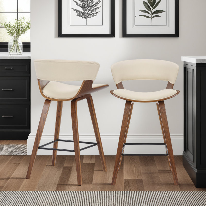 Allon Modern 26" Counter Height Bar Stool with Open Back and Footrest in Wood, Faux Leather, Cream, Walnut
