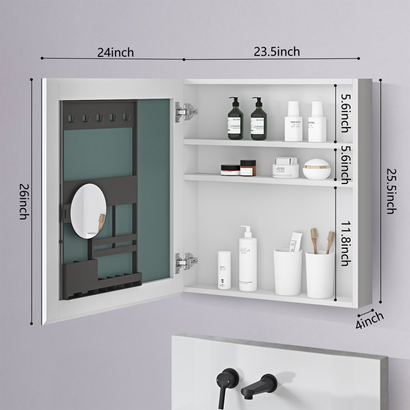 Armoire à pharmacie encastrée ou à fixation en surface avec miroir, H 26 po x l 24 po x P 4 po