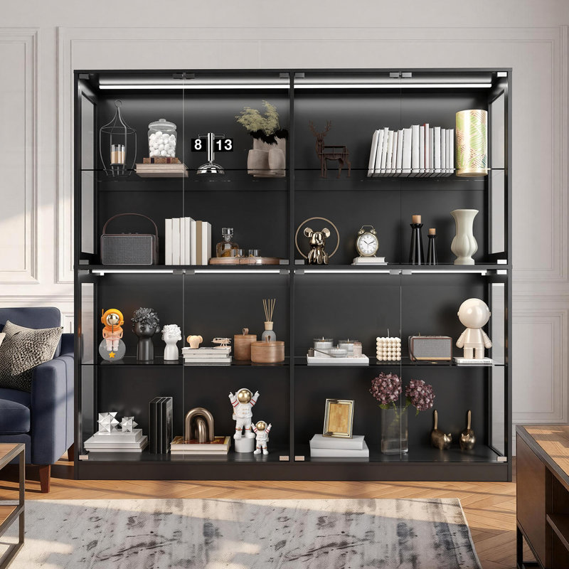 Vitrine 75 po x 16 po avec portes en verre et lumières RVB, vitrine de rangement à 4 niveaux pour objets de collection, tablettes réglables, panneau de fibres à densité moyenne et verre trempé, noir
