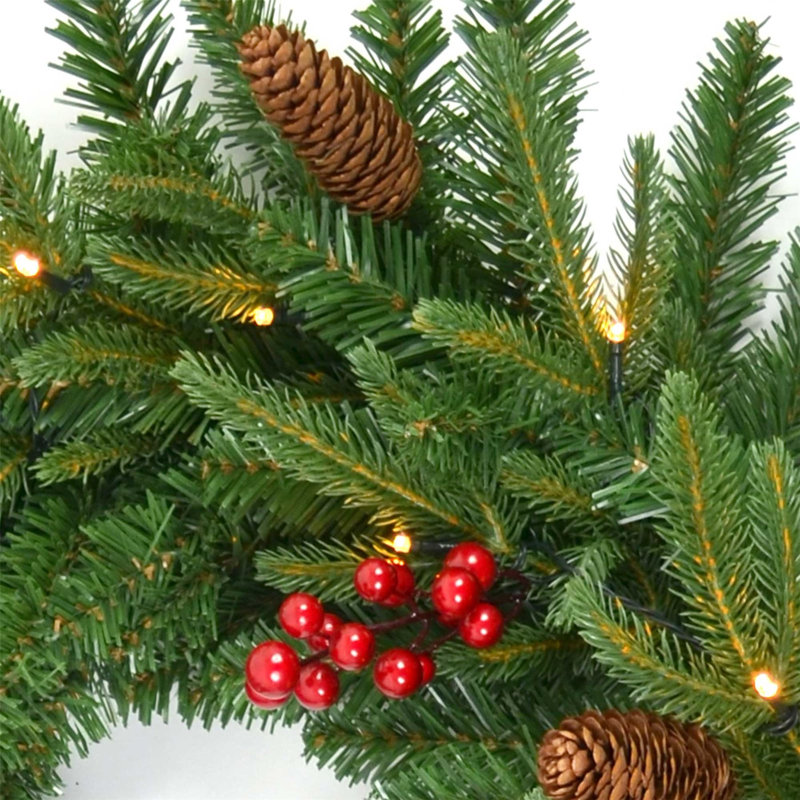 55cm Christmas Wreath with Berries, Pine Cones and Warm White LED Lights