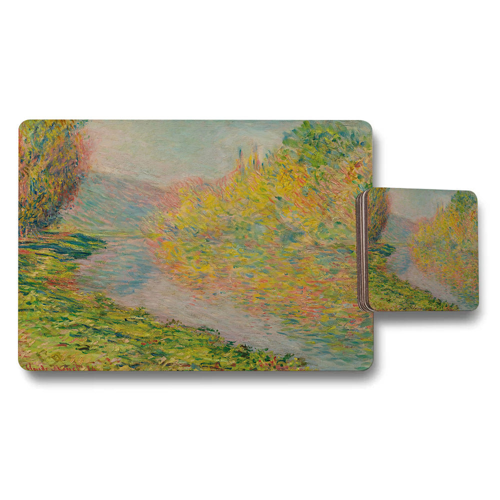 Impressionist Landscape Placemat and Coaster Set with River Scene