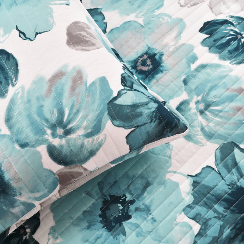 Leah Blue Floral Reversible Microfiber Full Quilt Set