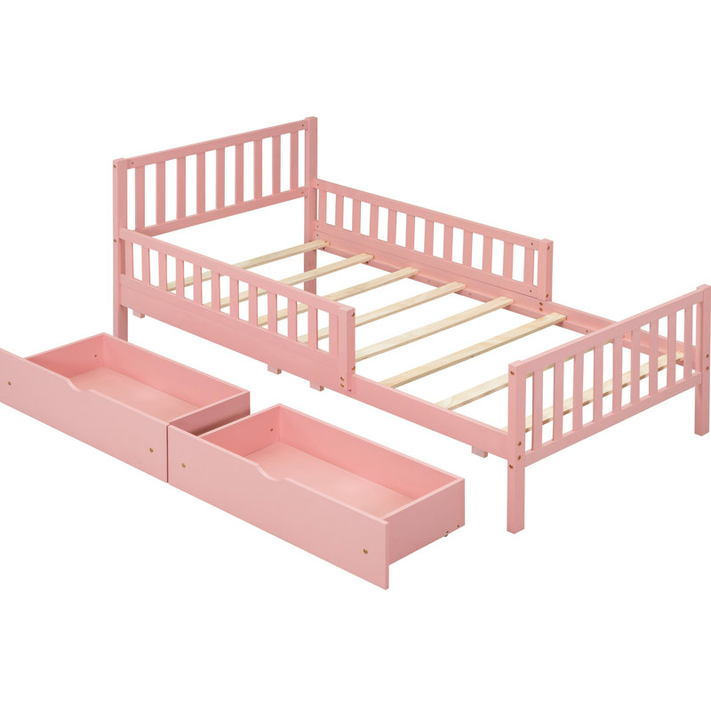 Lit plateforme simple en bois rose avec garde-corps et option de rangement, Lit simple, Rose