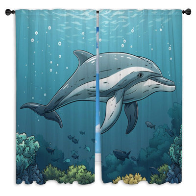 Dolphin Window Curtains  Marine life Underwater scene Drapes - 2 Panels