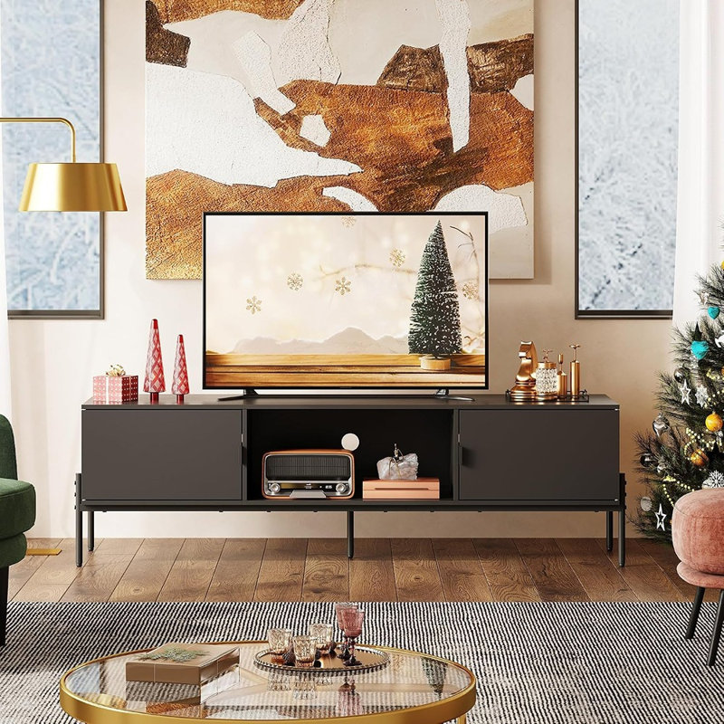 Meuble télé de style Mid-Century moderne, centre multimédia avec 2 armoires et une tablette ouverte, console avec pattes en métal, noir