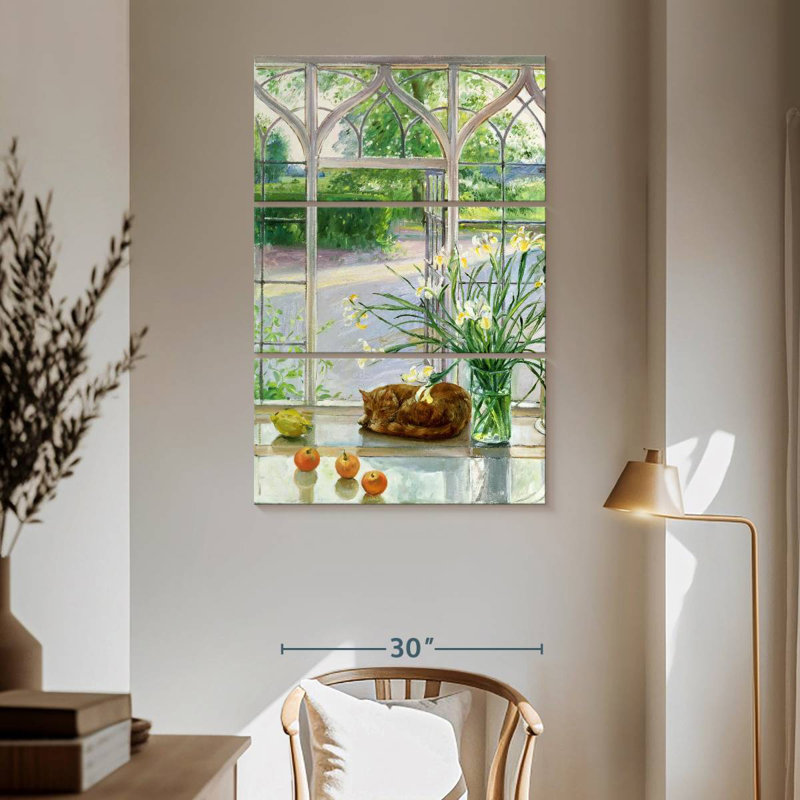 Lilie iris et chat endormi, H 65 po x l 42 po