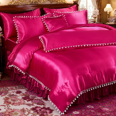 Satin Silky Comforter Queen Hot Pink Bedding Set with Satin Sheet Set, Bed Skirt, Pom Pom Body Pillow Cover 10 Pieces Luxury Bed Set