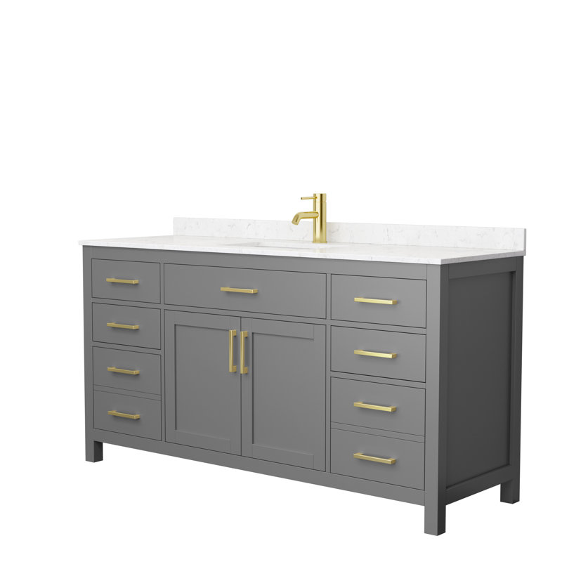 Beckett 66" Freestanding Single Bathroom Vanity with Cultured Marble Top, Brushed Gold, Carrara Cultured Marble, Dark Gray