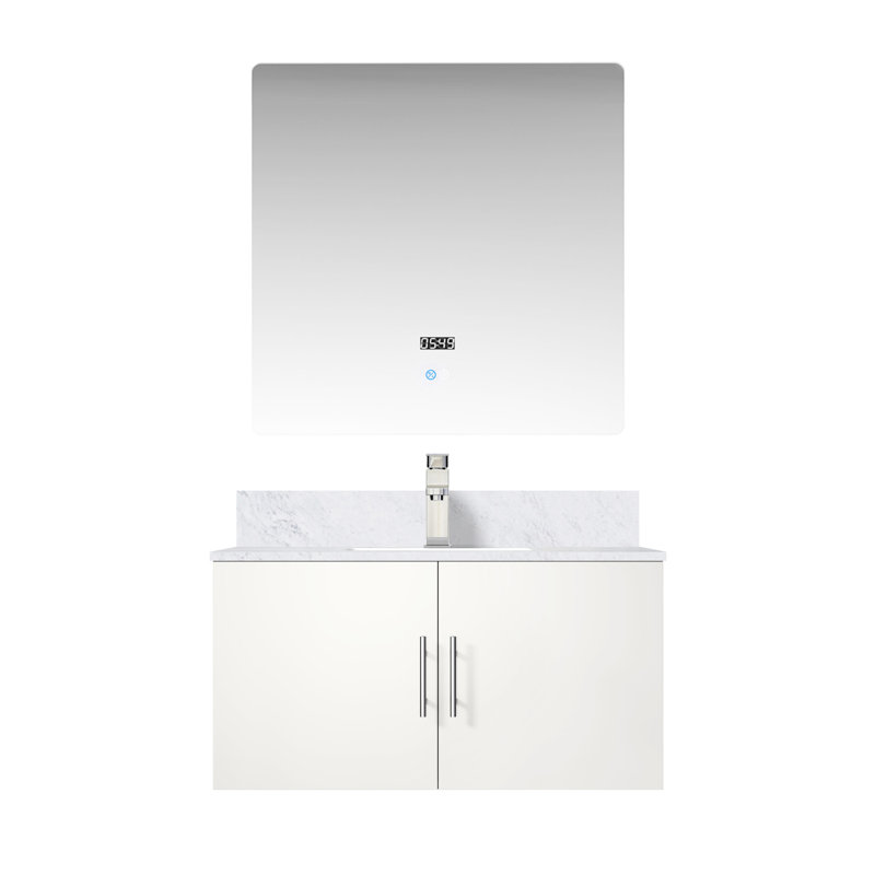 36 po L x P 22 po. Meuble-lavabo blanc brillant, comptoir en marbre, robinet, miroir à DEL - aux rayures et aux taches