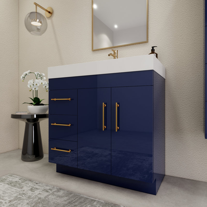 36" Freestanding Single Bathroom Vanity Set with Drawers and Doors, Night Blue