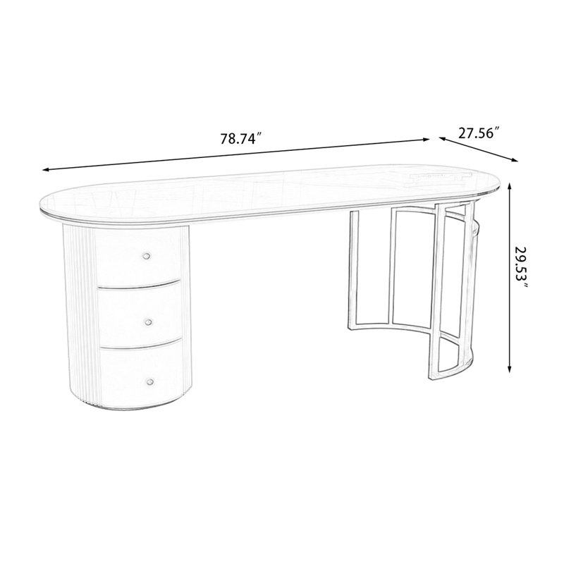Bureau de direction avec tiroirs White and Gold, H 29,53 po x l 78,74 po x P 27,56 po, Doré