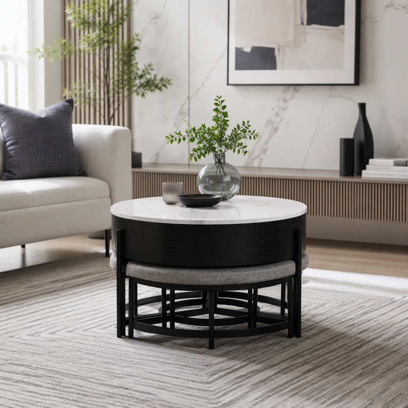Table basse ronde moderne avec plateau relevable avec rangement et 3 poufs, Noir
