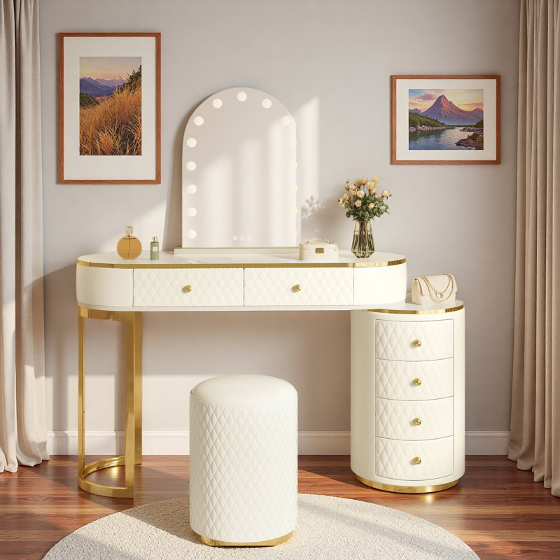 Meuble-lavabo de luxe avec miroir à DEL 3 couleurs et tabouret, coiffeuse à longueur réglable avec armoire latérale mobile et 6 tiroirs