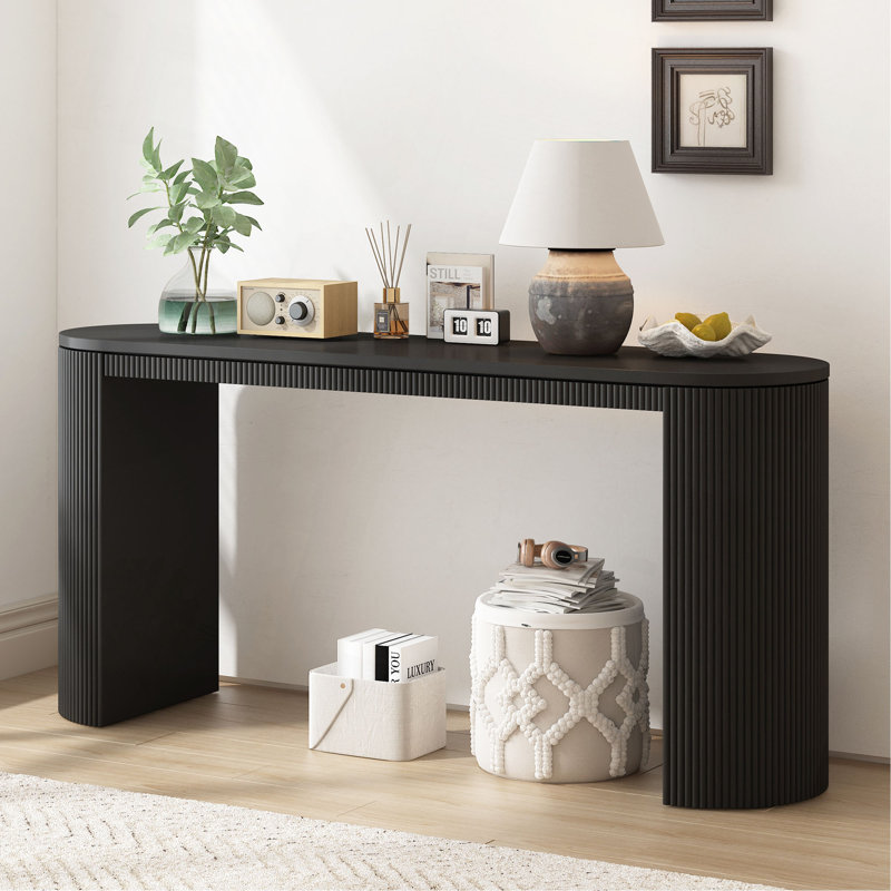 Console incurvée à rayures verticales uniques, idéale pour le salon, le bureau et l'entrée, Noir