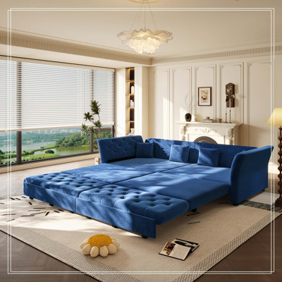 100" Oversize Pull Out Sofa Bed, Convertible Sleeper Sofa with Handmade Fabric Flower Tufted Design,Multi-Functional Velvet Loveseat Bed for Living Room,Bedroom,Blue