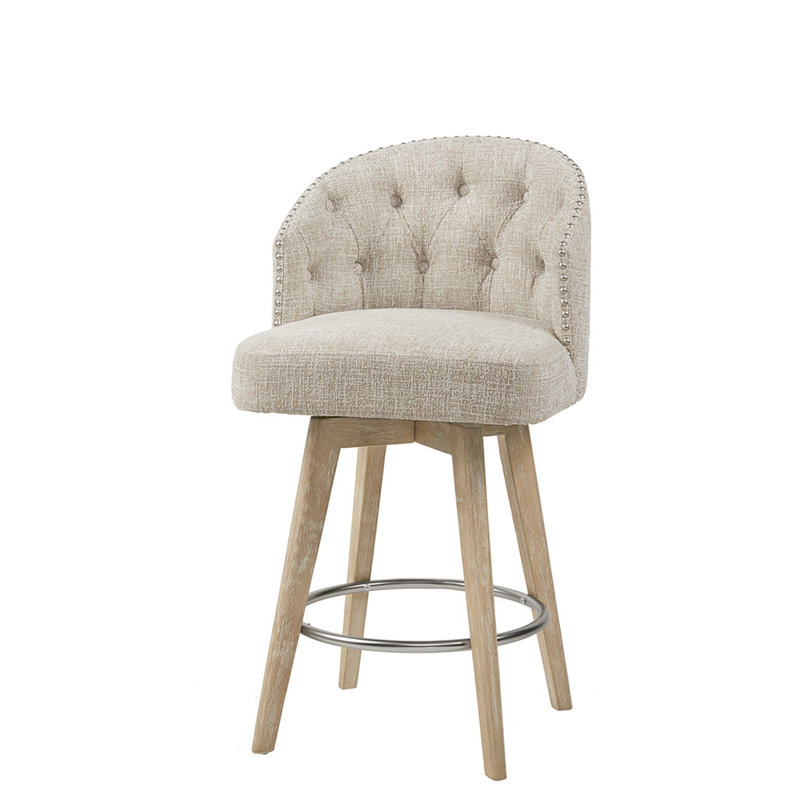 Tabouret pivotant rembourré à 360 degrés de couleur crème, dossier capitonné, pieds en bois massif, finition récupérée, garniture en métal argenté, revêtement de comptoir à charge maximale de 300 lb, siège, pieds avec look, capacité