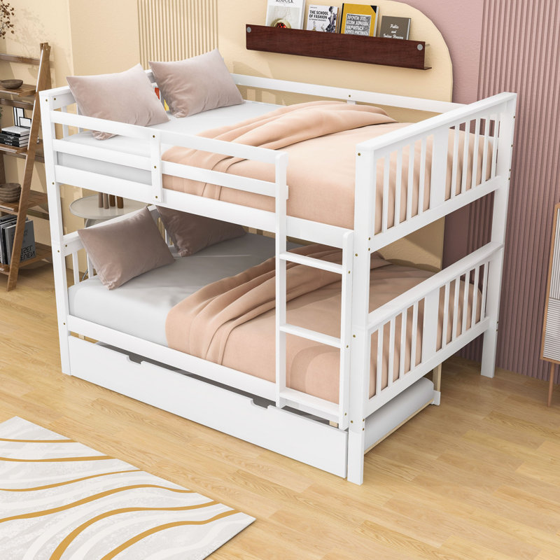 Full Over Full Wooden Bunk Bed With Twin Trundle And Convertible Design, White