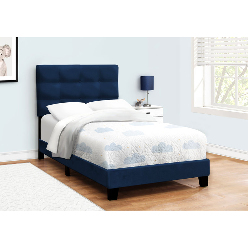 Lit simple en velours bleu, cadre de chambre à coucher transitionnel moderne revêtu de velours, style