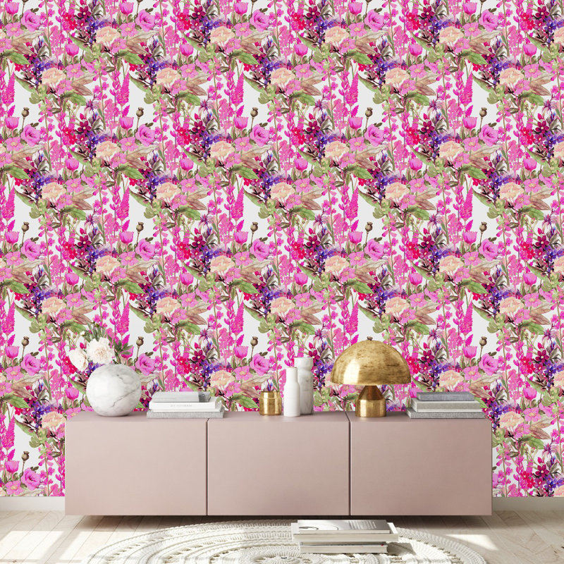 Panneau de papier peint rose floral L 10,4 pi x l 25 po, L 2,08 pi x L 10,42 pi