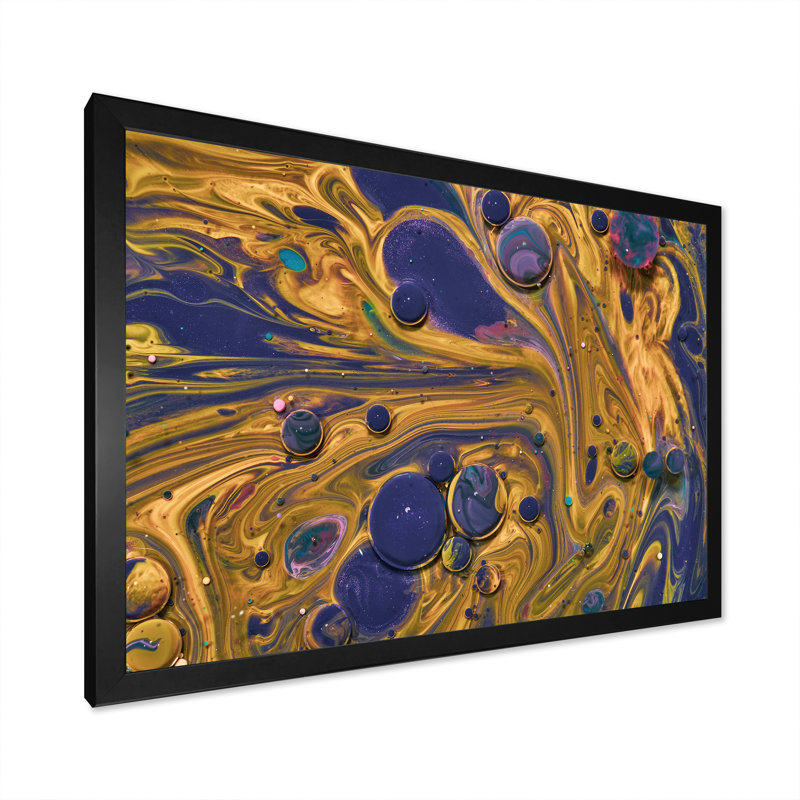 Art en acrylique jaune et bleu, Impression noire sur toile encadrée, H 8 po x l 12 po x P 1,5 po