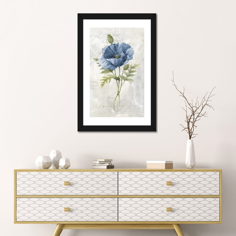 «Blue Linen Poppy» par Carol Robinson - reproduction d'art, Papier encadré noir, H 24 po x l 16 po x P 1 po, Blanc