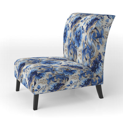 Motif victorien majestueux à volutes de cobalt - Fauteuil de chambre rembourré de style campagnard, fauteuil d'appoint floral rustique