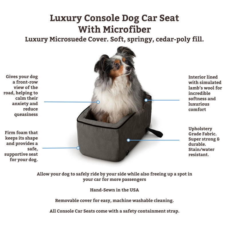 Luxury Microsuede Lookout Console Dog Car Seat, Large (up to 12 lbs), Black/Herringbone