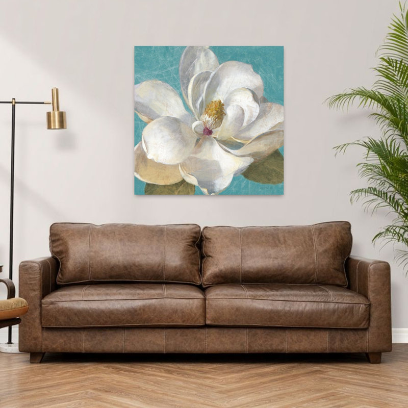 Art traditionnel turquoise avec des fleurs bleues, H 36 po x l 36 po