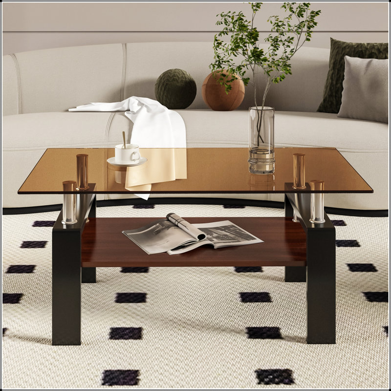 Table basse rectangulaire avec plateau en verre trempé et panneau de fibres à densité moyenne, parfaite pour les salons modernes et les décors élégants