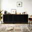 Commode 3 tiroirs 4 tablettes noires, avec grille rayée et métal, pour salon