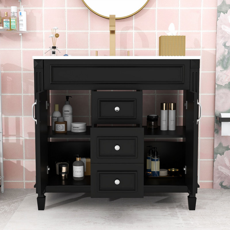 Elliesha Modern Freestanding Single Bathroom Vanity with Sink Top and Ample Storage, Black