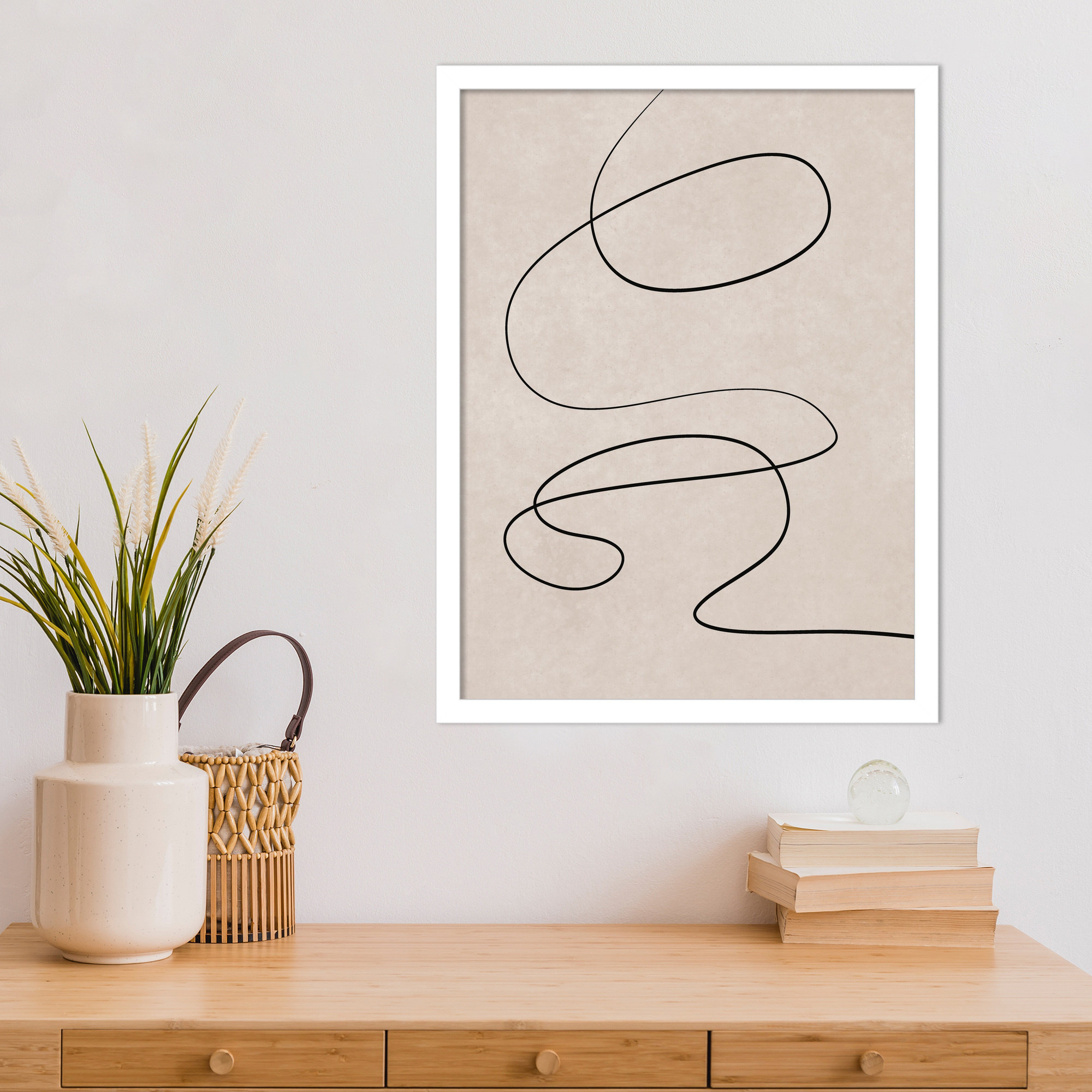 Black Line and Textured Beige Background by Little Dean Wood Framed Wall Art Print, 21" H x 16" W, White