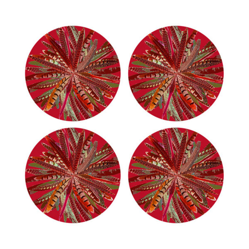 Pheasant Feathers Vegan Leather Round Pebble Placemat, Red