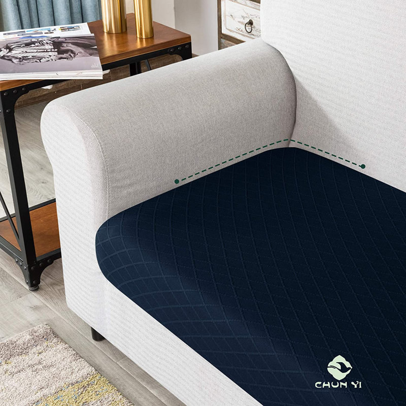 Rhombus Box Cushion Sofa Slipcover, Dark Blue