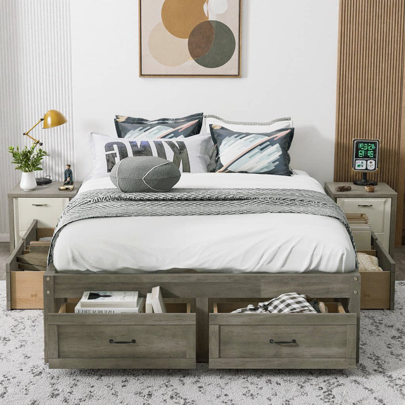 Your Dreamy Storage Sanctuary: lit plateforme double avec 6 tiroirs en blanc antique, Gris antique