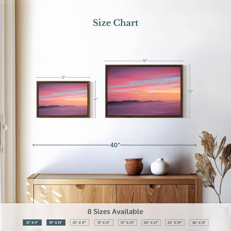 Lever de soleil rose, 13 po x 9 po, Cadre flottant en noyer