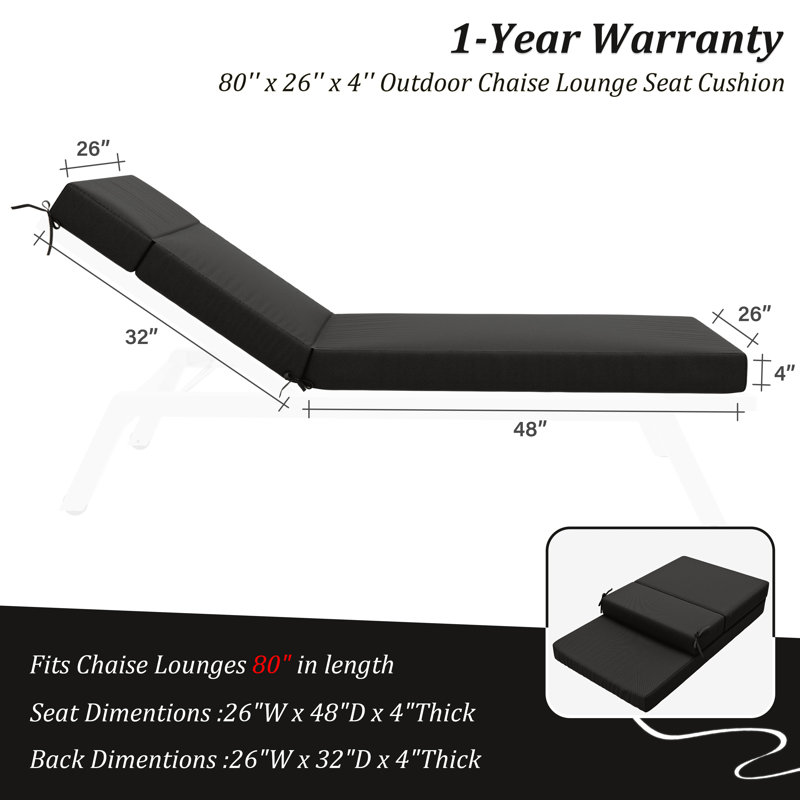 1-Piece Outdoor Chaise Lounge Chair Cushion, 80"X26"X4", Black
