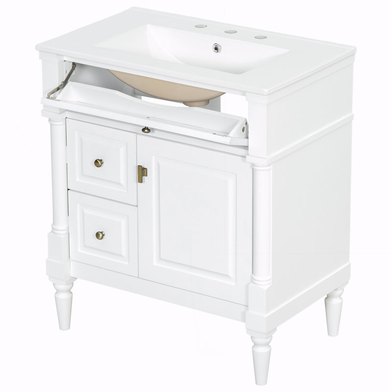 Armoire de salle de bain autoportante avec tiroir rabattable et tablette réglable, Blanc