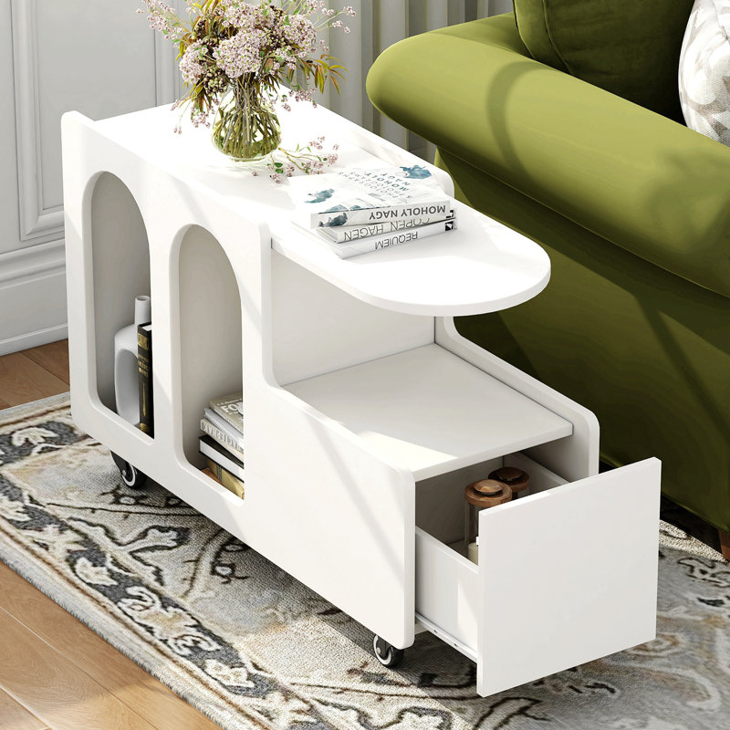 End Table With Storage And Wheels, White